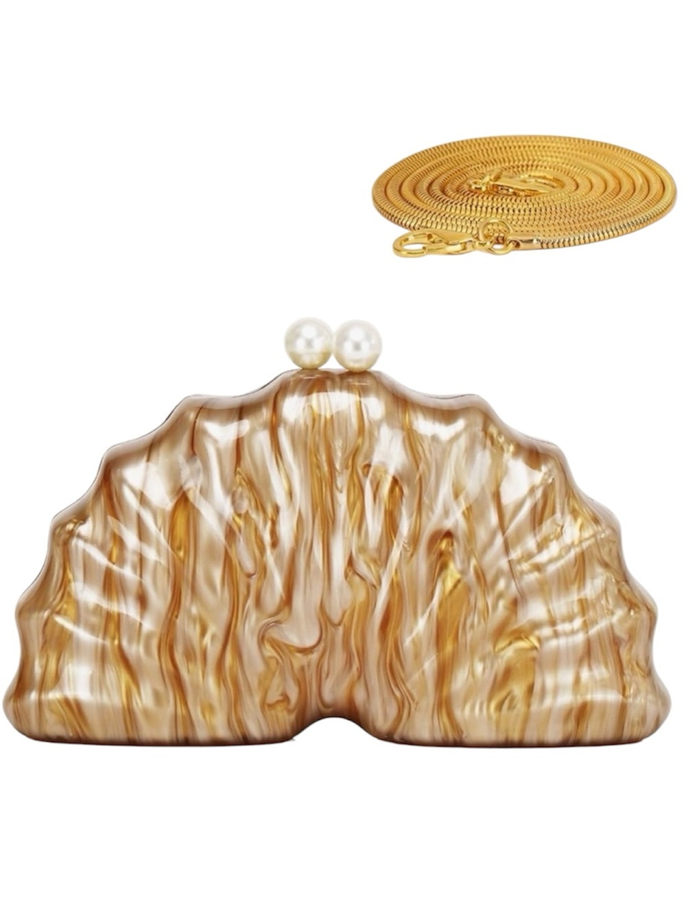 NEW Pearl-Accented Marbled Shell Clutch in Golden Brown